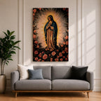 A detailed framed canvas depicting Our Lady of Guadalupe, also known as Virgin of Guadalupe, surrounded by floral motifs. The artwork features a traditional religious figure with a radiant halo and a floral border, rendered in a classic style suitable for Catholic-themed decor.