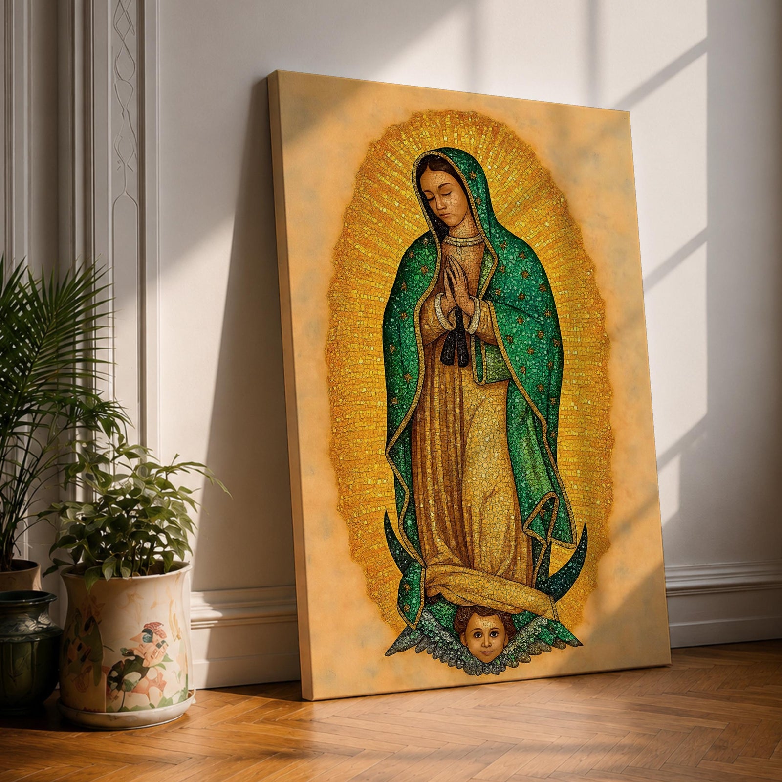 This artwork depicts Our Lady of Guadalupe rendered in a detailed mosaic style with vibrant gold and green tones. The figure is shown with hands clasped in prayer, surrounded by a radiant golden aura, and standing on a crescent moon supported by an angelic face below, capturing the iconic religious imagery.