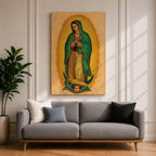 This artwork depicts Our Lady of Guadalupe rendered in a detailed mosaic style with vibrant gold and green tones. The figure is shown with hands clasped in prayer, surrounded by a radiant golden aura, and standing on a crescent moon supported by an angelic face below, capturing the iconic religious imagery.