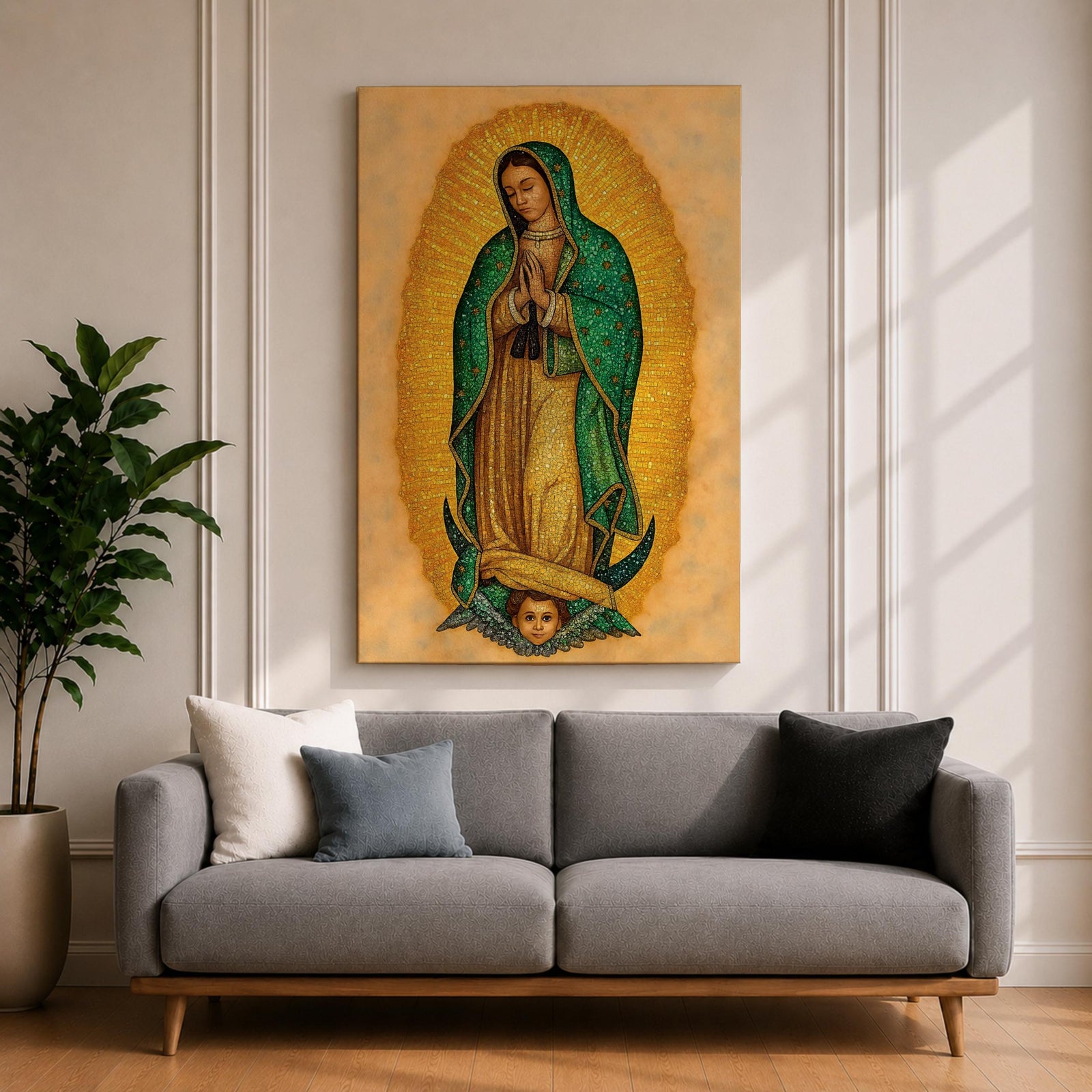 This artwork depicts Our Lady of Guadalupe rendered in a detailed mosaic style with vibrant gold and green tones. The figure is shown with hands clasped in prayer, surrounded by a radiant golden aura, and standing on a crescent moon supported by an angelic face below, capturing the iconic religious imagery.