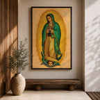 This artwork depicts Our Lady of Guadalupe rendered in a detailed mosaic style with vibrant gold and green tones. The figure is shown with hands clasped in prayer, surrounded by a radiant golden aura, and standing on a crescent moon supported by an angelic face below, capturing the iconic religious imagery.