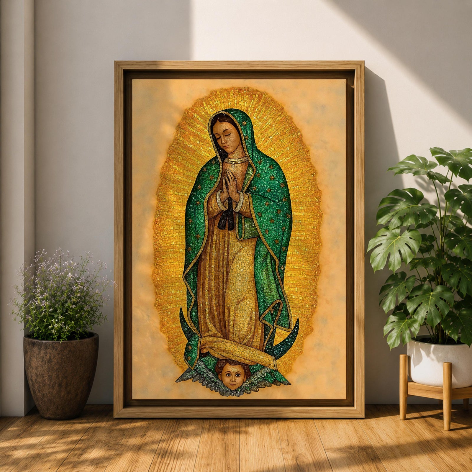 This artwork depicts Our Lady of Guadalupe rendered in a detailed mosaic style with vibrant gold and green tones. The figure is shown with hands clasped in prayer, surrounded by a radiant golden aura, and standing on a crescent moon supported by an angelic face below, capturing the iconic religious imagery.