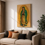 This artwork depicts Our Lady of Guadalupe rendered in a detailed mosaic style with vibrant gold and green tones. The figure is shown with hands clasped in prayer, surrounded by a radiant golden aura, and standing on a crescent moon supported by an angelic face below, capturing the iconic religious imagery.