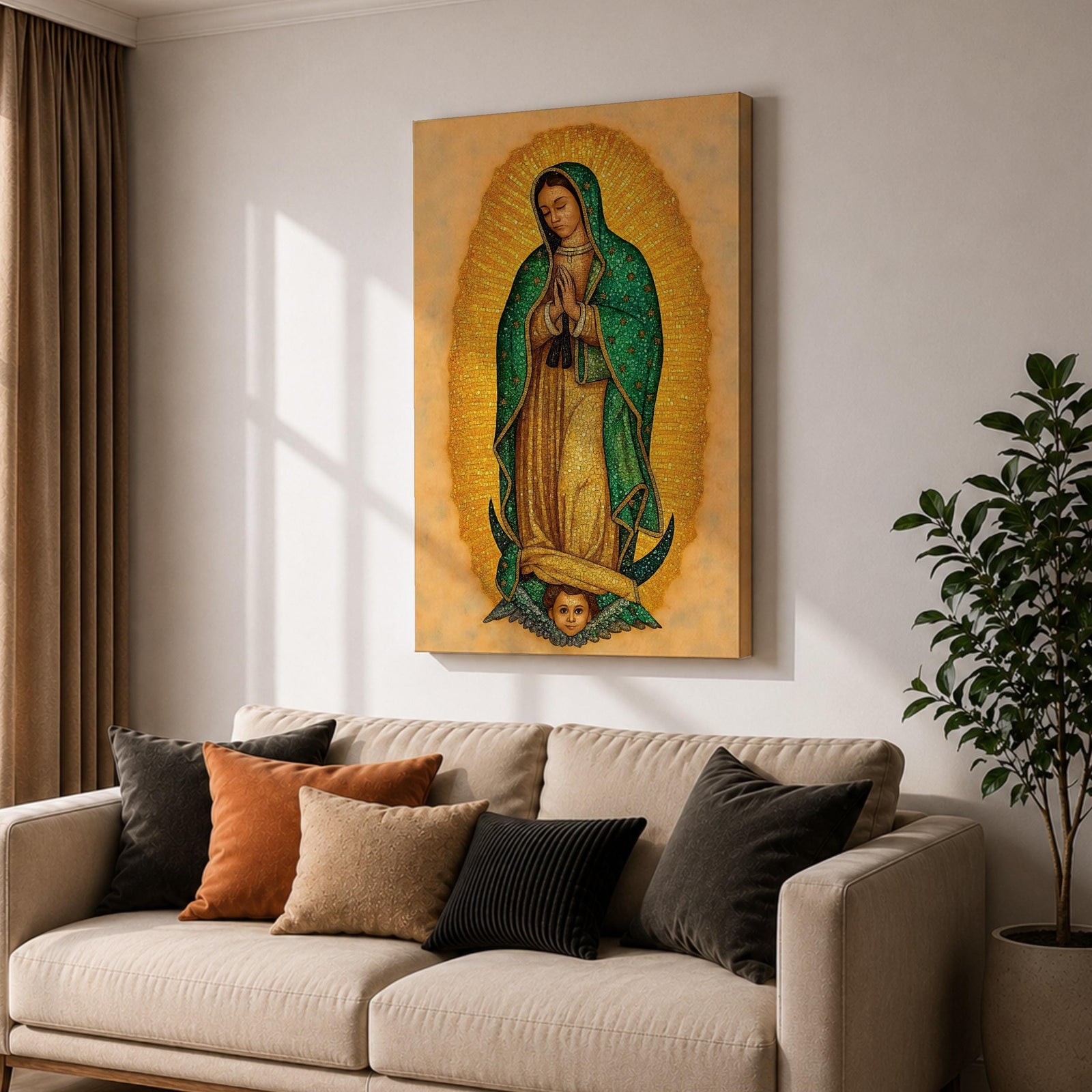 This artwork depicts Our Lady of Guadalupe rendered in a detailed mosaic style with vibrant gold and green tones. The figure is shown with hands clasped in prayer, surrounded by a radiant golden aura, and standing on a crescent moon supported by an angelic face below, capturing the iconic religious imagery.