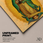 This artwork depicts Our Lady of Guadalupe rendered in a detailed mosaic style with vibrant gold and green tones. The figure is shown with hands clasped in prayer, surrounded by a radiant golden aura, and standing on a crescent moon supported by an angelic face below, capturing the iconic religious imagery.