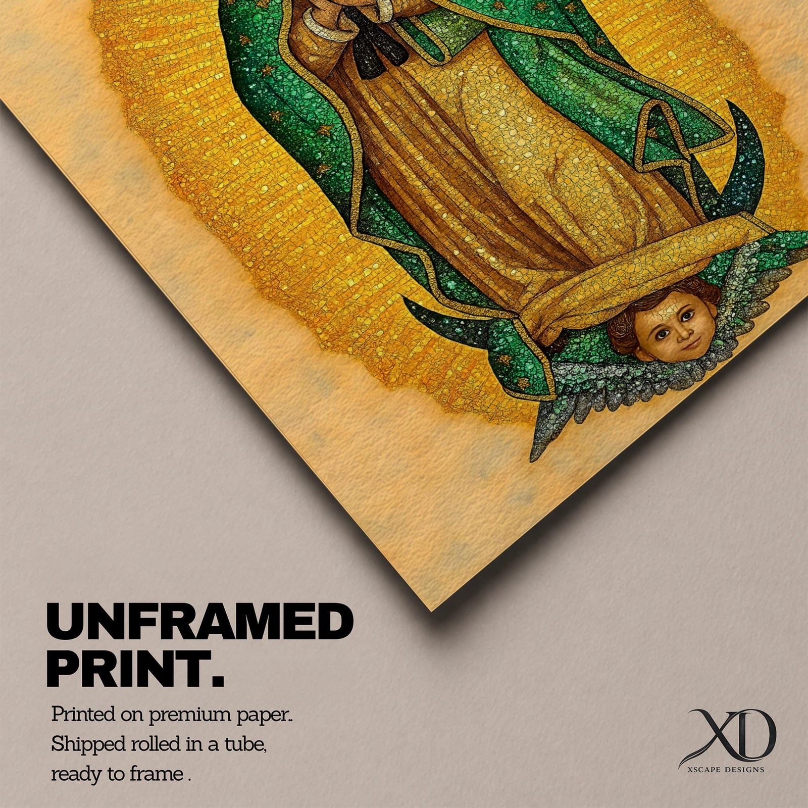 This artwork depicts Our Lady of Guadalupe rendered in a detailed mosaic style with vibrant gold and green tones. The figure is shown with hands clasped in prayer, surrounded by a radiant golden aura, and standing on a crescent moon supported by an angelic face below, capturing the iconic religious imagery.
