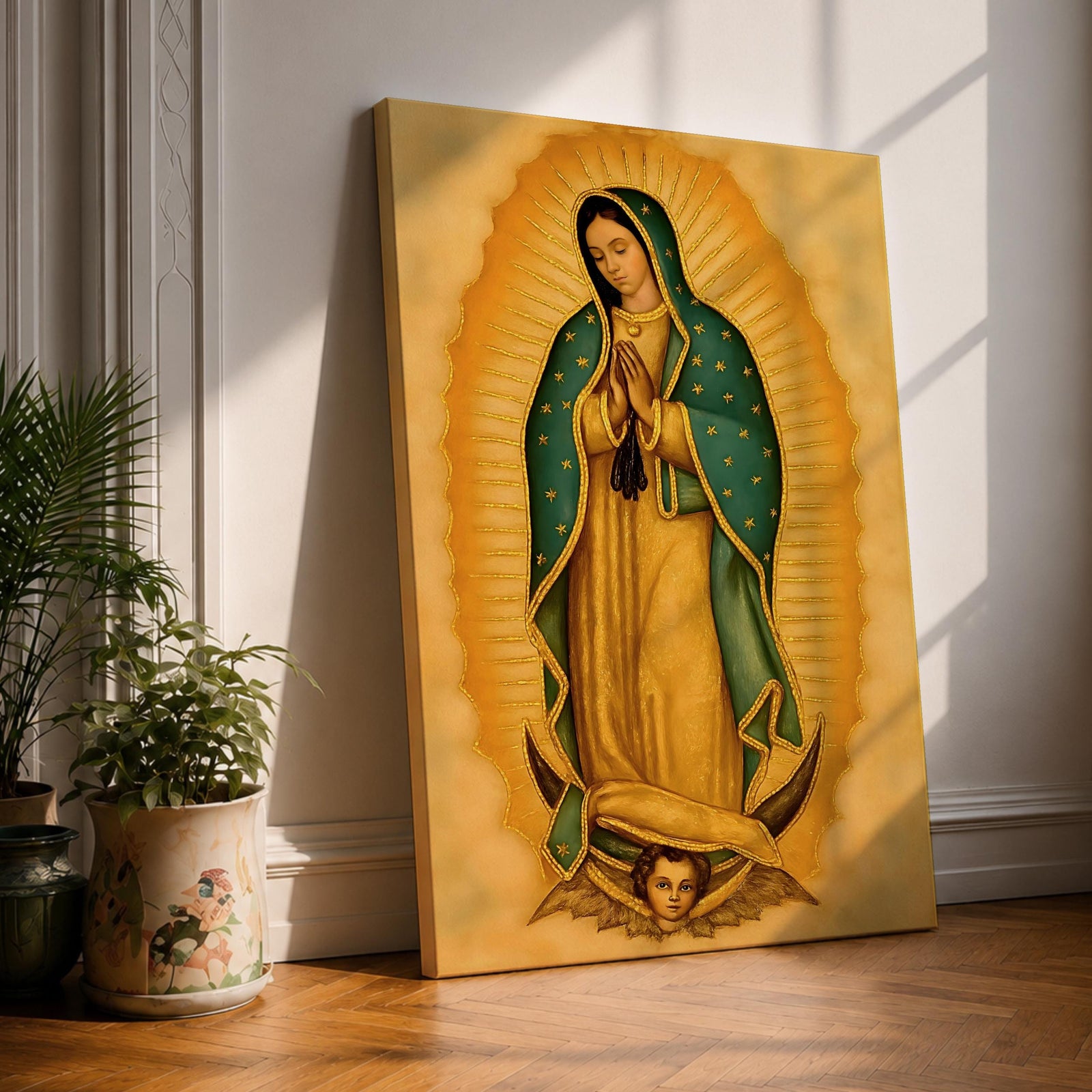 An illustration of Our Lady of Guadalupe standing in prayer with hands clasped, wearing a rose pink gown and a teal mantle filled with gold stars, surrounded by radiant golden sun rays and supported by a crescent moon with an angel beneath, rendered in traditional Mexican Catholic devotional style with rich warm tones and sacred symbolism.