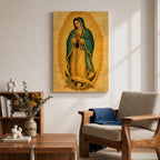 An illustration of Our Lady of Guadalupe standing in prayer with hands clasped, wearing a rose pink gown and a teal mantle filled with gold stars, surrounded by radiant golden sun rays and supported by a crescent moon with an angel beneath, rendered in traditional Mexican Catholic devotional style with rich warm tones and sacred symbolism.