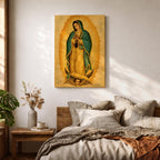 An illustration of Our Lady of Guadalupe standing in prayer with hands clasped, wearing a rose pink gown and a teal mantle filled with gold stars, surrounded by radiant golden sun rays and supported by a crescent moon with an angel beneath, rendered in traditional Mexican Catholic devotional style with rich warm tones and sacred symbolism.