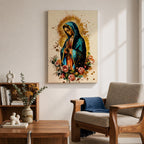 A detailed framed canvas print depicting Our Lady of Guadalupe with hands clasped in prayer, wearing a blue mantle and surrounded by a golden aura and pink roses, rendered in a vibrant, illustrative style emphasizing cultural and religious symbolism.