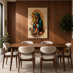 A detailed framed canvas print depicting Our Lady of Guadalupe with hands clasped in prayer, wearing a blue mantle and surrounded by a golden aura and pink roses, rendered in a vibrant, illustrative style emphasizing cultural and religious symbolism.
