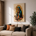 A detailed framed canvas print depicting Our Lady of Guadalupe with hands clasped in prayer, wearing a blue mantle and surrounded by a golden aura and pink roses, rendered in a vibrant, illustrative style emphasizing cultural and religious symbolism.