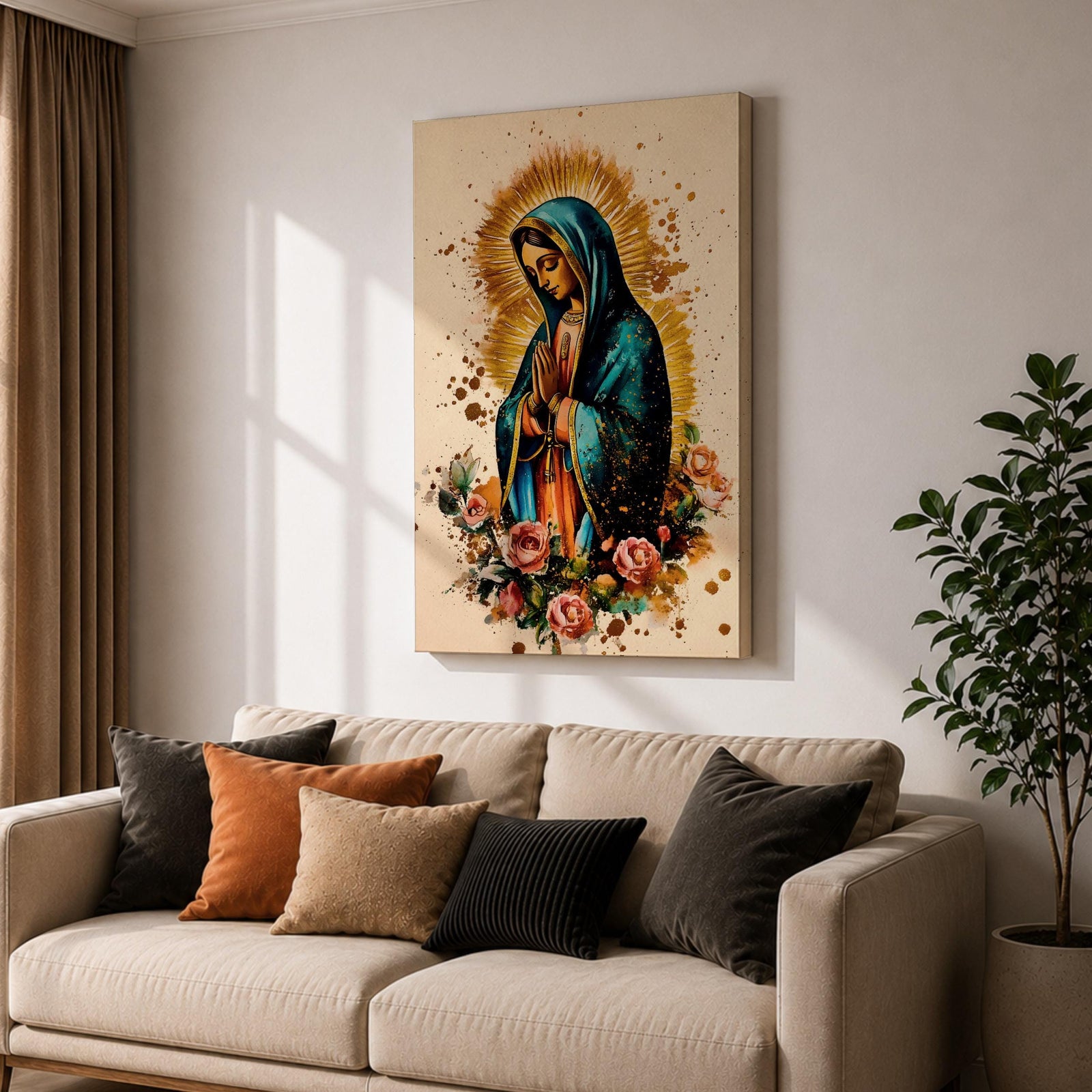 A detailed framed canvas print depicting Our Lady of Guadalupe with hands clasped in prayer, wearing a blue mantle and surrounded by a golden aura and pink roses, rendered in a vibrant, illustrative style emphasizing cultural and religious symbolism.
