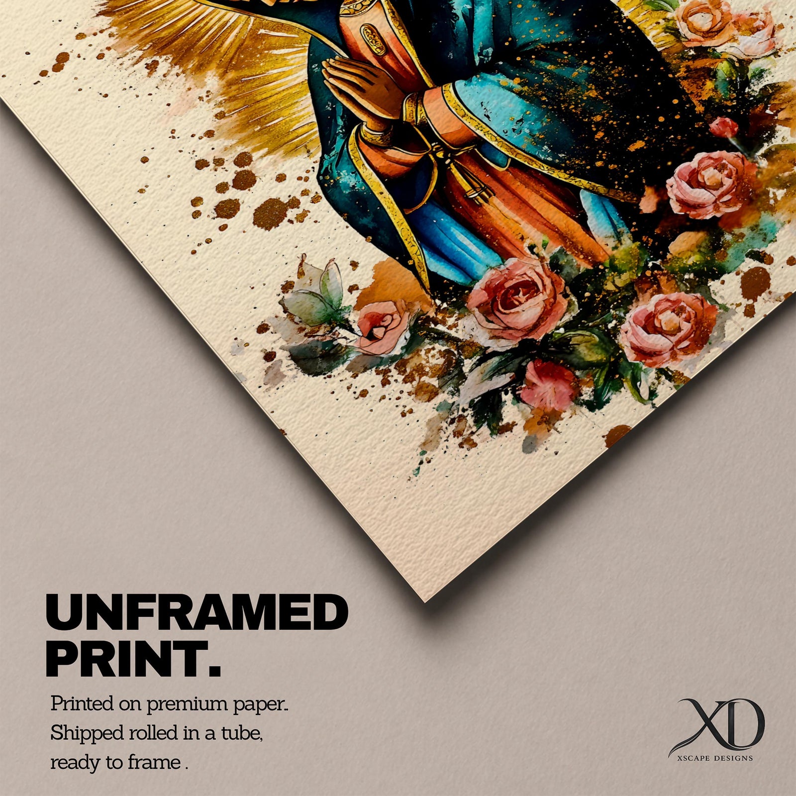 A detailed framed canvas print depicting Our Lady of Guadalupe with hands clasped in prayer, wearing a blue mantle and surrounded by a golden aura and pink roses, rendered in a vibrant, illustrative style emphasizing cultural and religious symbolism.