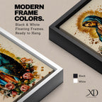 A detailed framed canvas print depicting Our Lady of Guadalupe with hands clasped in prayer, wearing a blue mantle and surrounded by a golden aura and pink roses, rendered in a vibrant, illustrative style emphasizing cultural and religious symbolism.
