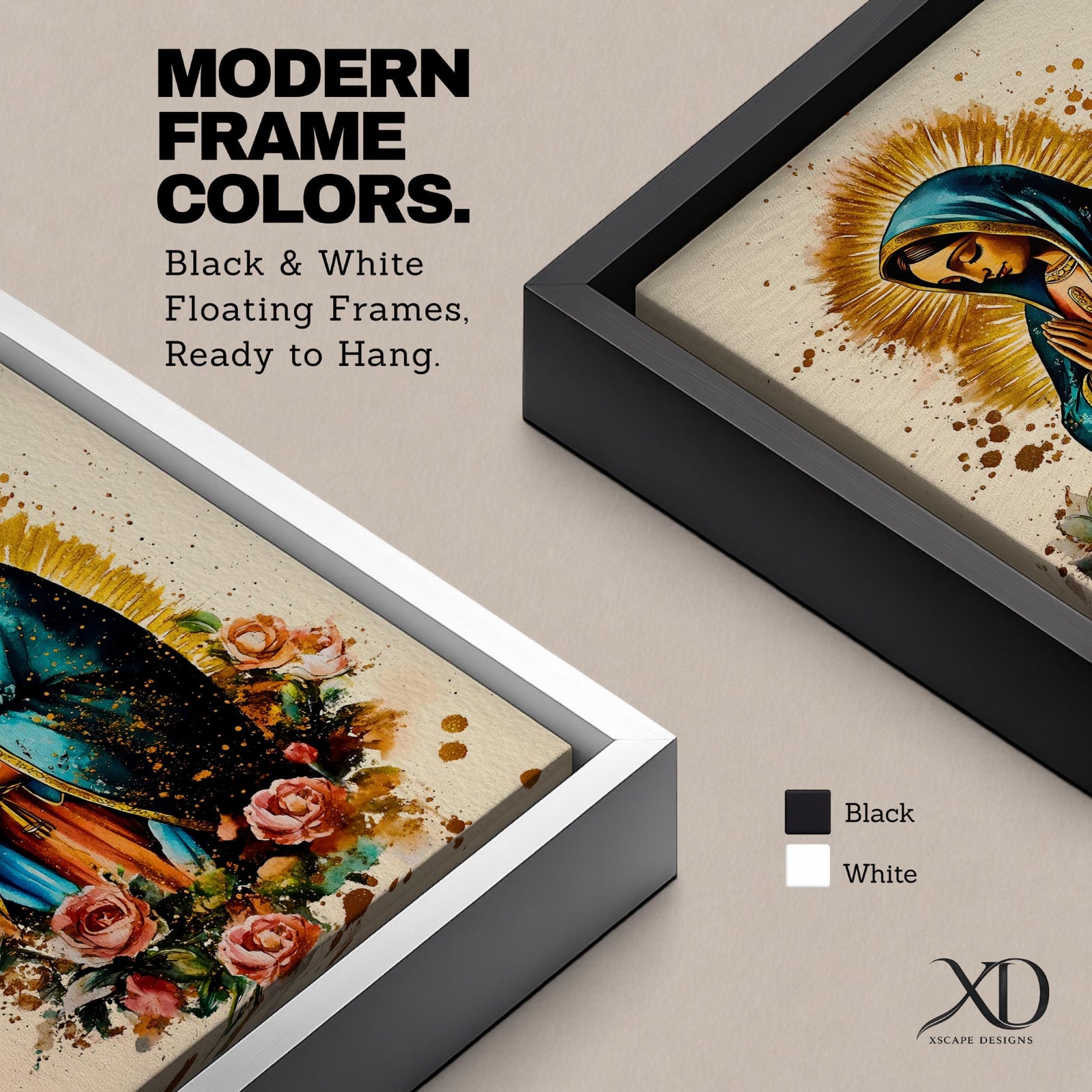 A detailed framed canvas print depicting Our Lady of Guadalupe with hands clasped in prayer, wearing a blue mantle and surrounded by a golden aura and pink roses, rendered in a vibrant, illustrative style emphasizing cultural and religious symbolism.