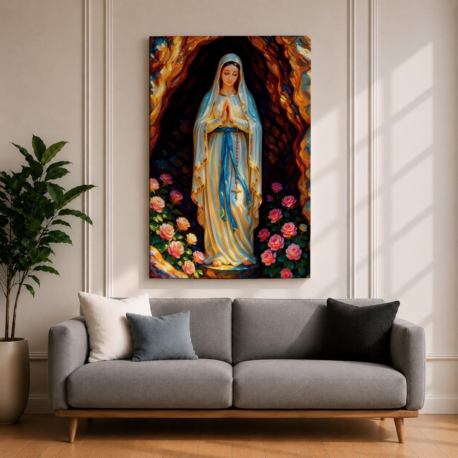 A devotional illustration of Our Lady of Lourdes standing in prayer with hands clasped, dressed in a flowing white robe with a pale blue sash and veil, appearing within a rocky grotto with soft radiant light, accompanied by delicate roses near her feet, rendered in traditional Catholic devotional style with gentle colors and serene composition.
