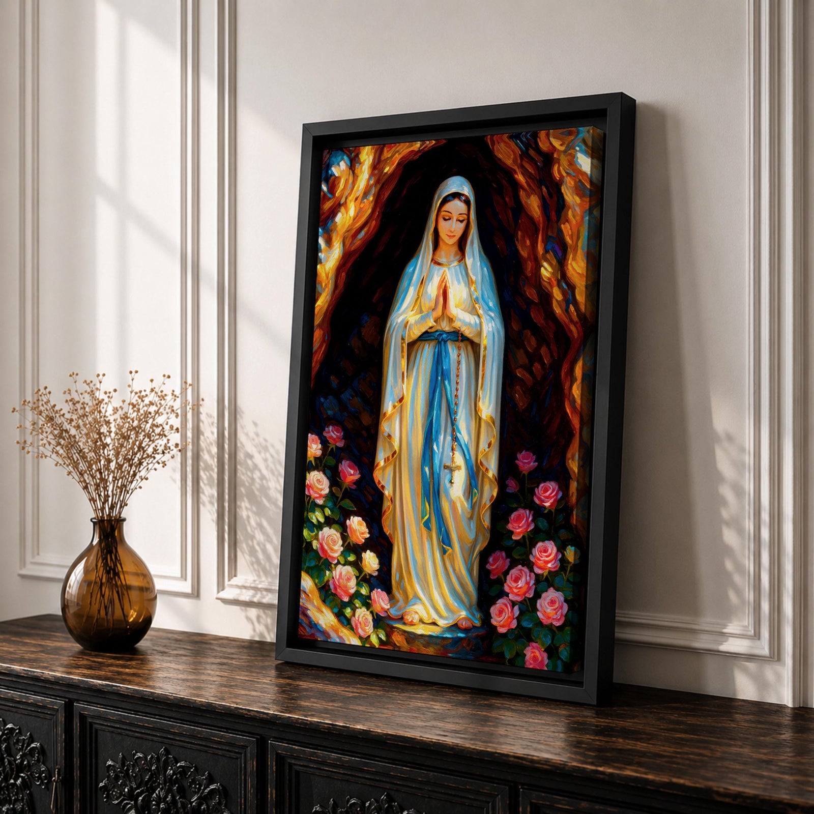 A devotional illustration of Our Lady of Lourdes standing in prayer with hands clasped, dressed in a flowing white robe with a pale blue sash and veil, appearing within a rocky grotto with soft radiant light, accompanied by delicate roses near her feet, rendered in traditional Catholic devotional style with gentle colors and serene composition.