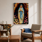 A devotional illustration of Our Lady of Lourdes standing in prayer with hands clasped, dressed in a flowing white robe with a pale blue sash and veil, appearing within a rocky grotto with soft radiant light, accompanied by delicate roses near her feet, rendered in traditional Catholic devotional style with gentle colors and serene composition.
