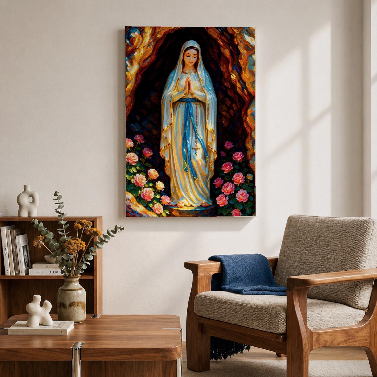 A devotional illustration of Our Lady of Lourdes standing in prayer with hands clasped, dressed in a flowing white robe with a pale blue sash and veil, appearing within a rocky grotto with soft radiant light, accompanied by delicate roses near her feet, rendered in traditional Catholic devotional style with gentle colors and serene composition.
