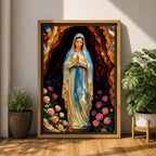 A devotional illustration of Our Lady of Lourdes standing in prayer with hands clasped, dressed in a flowing white robe with a pale blue sash and veil, appearing within a rocky grotto with soft radiant light, accompanied by delicate roses near her feet, rendered in traditional Catholic devotional style with gentle colors and serene composition.