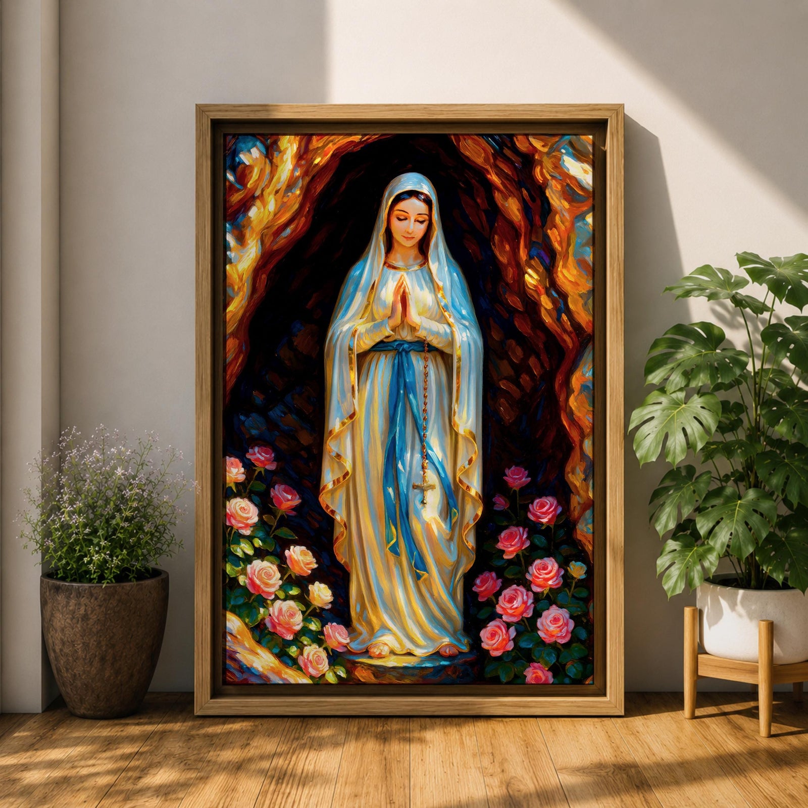 A devotional illustration of Our Lady of Lourdes standing in prayer with hands clasped, dressed in a flowing white robe with a pale blue sash and veil, appearing within a rocky grotto with soft radiant light, accompanied by delicate roses near her feet, rendered in traditional Catholic devotional style with gentle colors and serene composition.