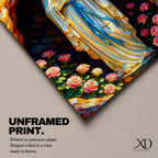 A devotional illustration of Our Lady of Lourdes standing in prayer with hands clasped, dressed in a flowing white robe with a pale blue sash and veil, appearing within a rocky grotto with soft radiant light, accompanied by delicate roses near her feet, rendered in traditional Catholic devotional style with gentle colors and serene composition.