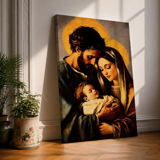 A vintage devotional depiction of the Holy Family showing Mary, Joseph, and the child Jesus together in a tender composition, with Mary gently holding the child while Joseph stands nearby in quiet reverence, rendered in a classical Christian style with soft warm tones, delicate light, and traditional sacred symbolism.
