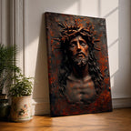 A detailed framed canvas wall art depicting Jesus wearing a crown of thorns with eyes closed and a sorrowful expression. The artwork captures the emotional intensity of Christ of Sorrows with textured, realistic features emphasizing the crown and facial hair, set against a dark, rustic background.