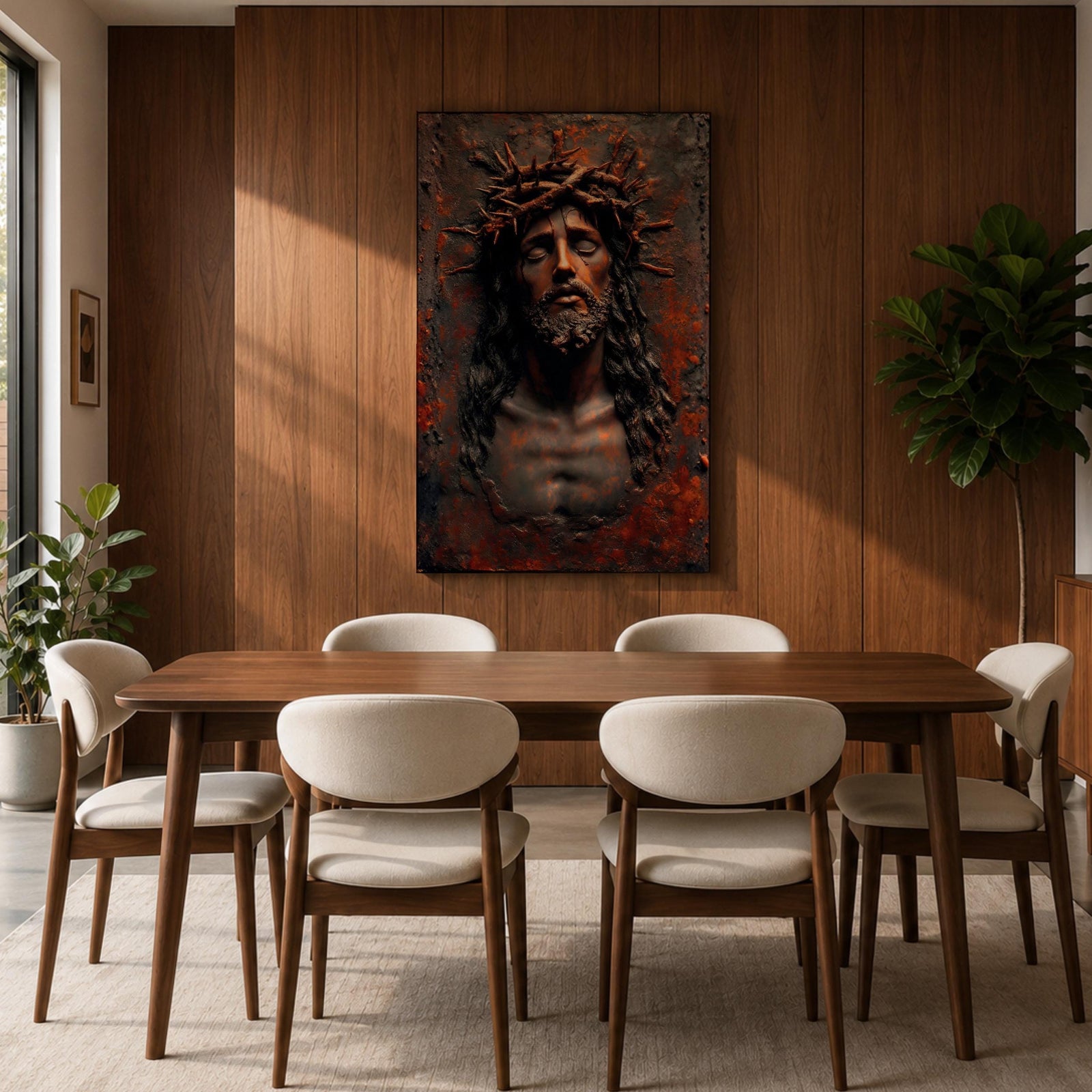 A detailed framed canvas wall art depicting Jesus wearing a crown of thorns with eyes closed and a sorrowful expression. The artwork captures the emotional intensity of Christ of Sorrows with textured, realistic features emphasizing the crown and facial hair, set against a dark, rustic background.
