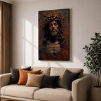 A detailed framed canvas wall art depicting Jesus wearing a crown of thorns with eyes closed and a sorrowful expression. The artwork captures the emotional intensity of Christ of Sorrows with textured, realistic features emphasizing the crown and facial hair, set against a dark, rustic background.
