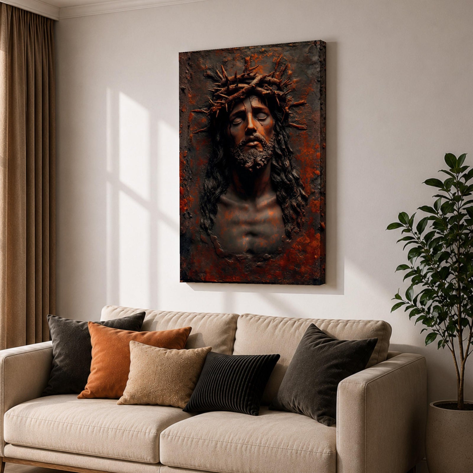 A detailed framed canvas wall art depicting Jesus wearing a crown of thorns with eyes closed and a sorrowful expression. The artwork captures the emotional intensity of Christ of Sorrows with textured, realistic features emphasizing the crown and facial hair, set against a dark, rustic background.
