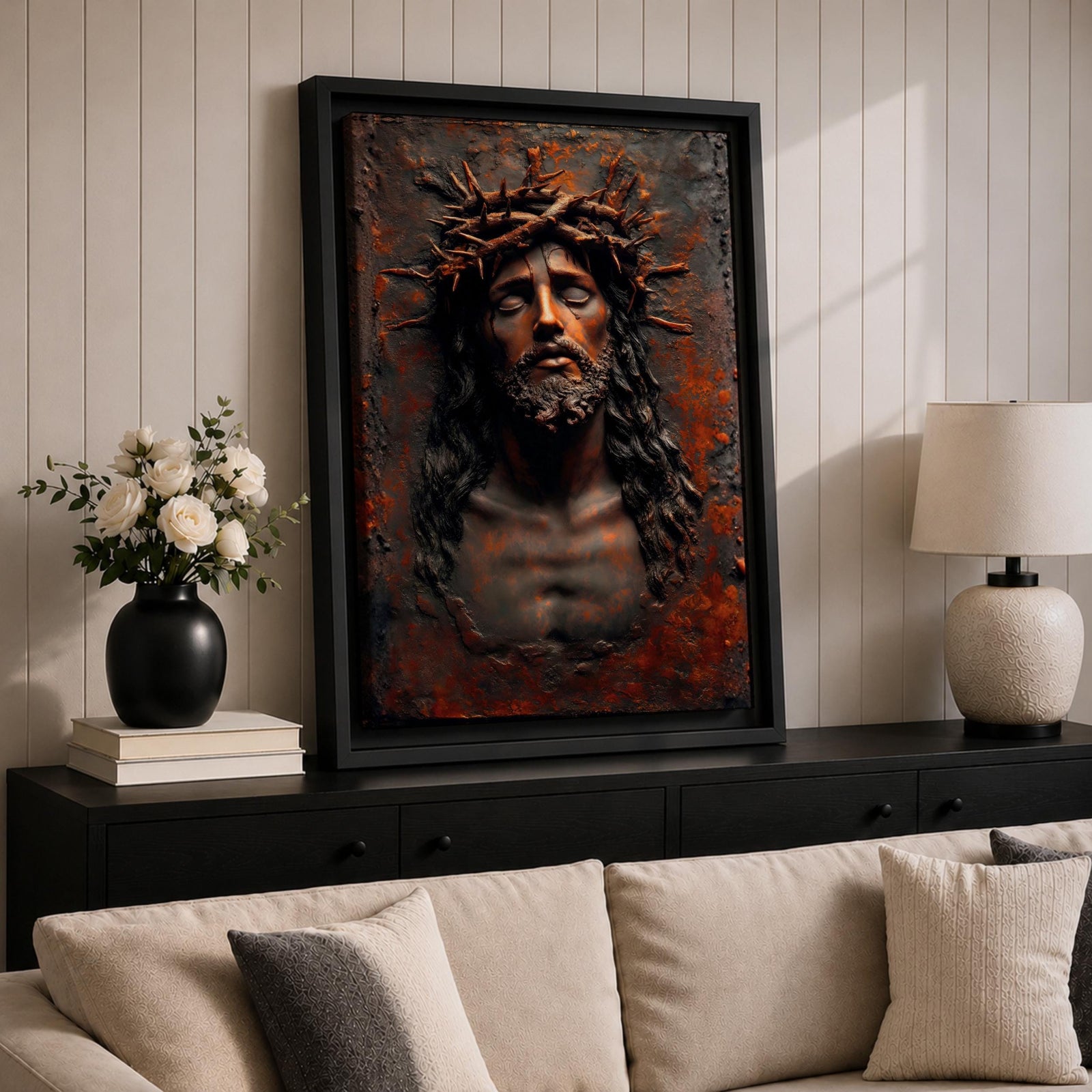 A detailed framed canvas wall art depicting Jesus wearing a crown of thorns with eyes closed and a sorrowful expression. The artwork captures the emotional intensity of Christ of Sorrows with textured, realistic features emphasizing the crown and facial hair, set against a dark, rustic background.