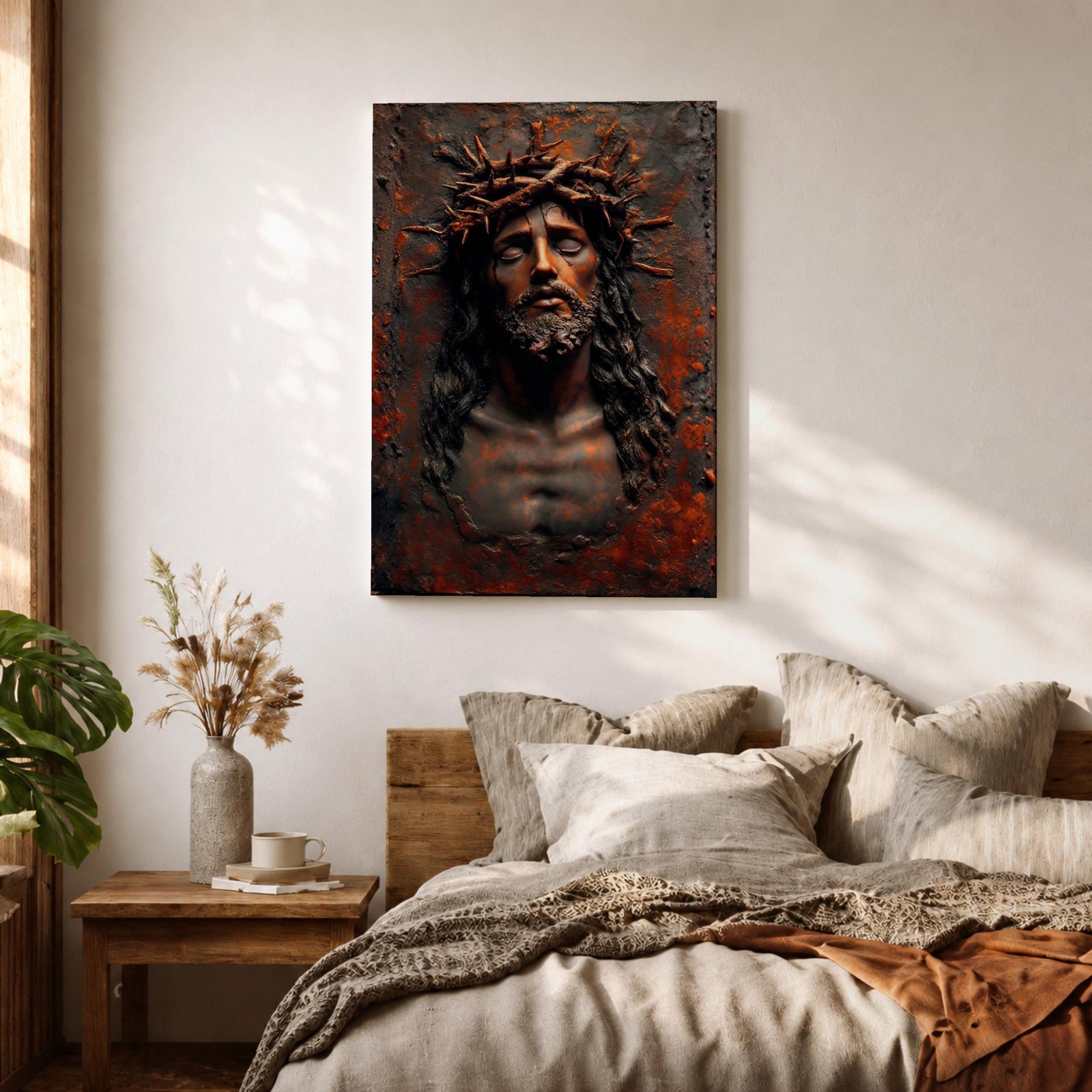 A detailed framed canvas wall art depicting Jesus wearing a crown of thorns with eyes closed and a sorrowful expression. The artwork captures the emotional intensity of Christ of Sorrows with textured, realistic features emphasizing the crown and facial hair, set against a dark, rustic background.