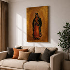 A traditional devotional depiction of Our Lady of Guadalupe standing with hands folded in prayer, wearing a rose colored gown and a teal mantle covered in gold stars, surrounded by radiant golden sun rays and standing above a crescent moon supported by an angel, rendered in classic Mexican Catholic icon style with rich colors and sacred symbolism.