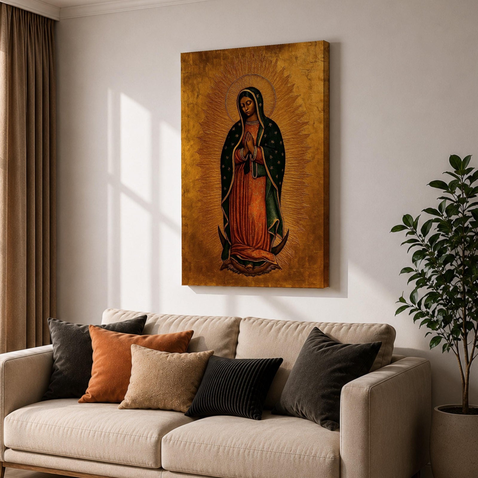 A traditional devotional depiction of Our Lady of Guadalupe standing with hands folded in prayer, wearing a rose colored gown and a teal mantle covered in gold stars, surrounded by radiant golden sun rays and standing above a crescent moon supported by an angel, rendered in classic Mexican Catholic icon style with rich colors and sacred symbolism.
