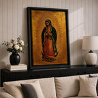 A traditional devotional depiction of Our Lady of Guadalupe standing with hands folded in prayer, wearing a rose colored gown and a teal mantle covered in gold stars, surrounded by radiant golden sun rays and standing above a crescent moon supported by an angel, rendered in classic Mexican Catholic icon style with rich colors and sacred symbolism.