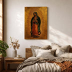 A traditional devotional depiction of Our Lady of Guadalupe standing with hands folded in prayer, wearing a rose colored gown and a teal mantle covered in gold stars, surrounded by radiant golden sun rays and standing above a crescent moon supported by an angel, rendered in classic Mexican Catholic icon style with rich colors and sacred symbolism.
