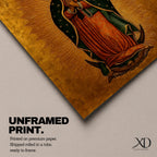 A traditional devotional depiction of Our Lady of Guadalupe standing with hands folded in prayer, wearing a rose colored gown and a teal mantle covered in gold stars, surrounded by radiant golden sun rays and standing above a crescent moon supported by an angel, rendered in classic Mexican Catholic icon style with rich colors and sacred symbolism.