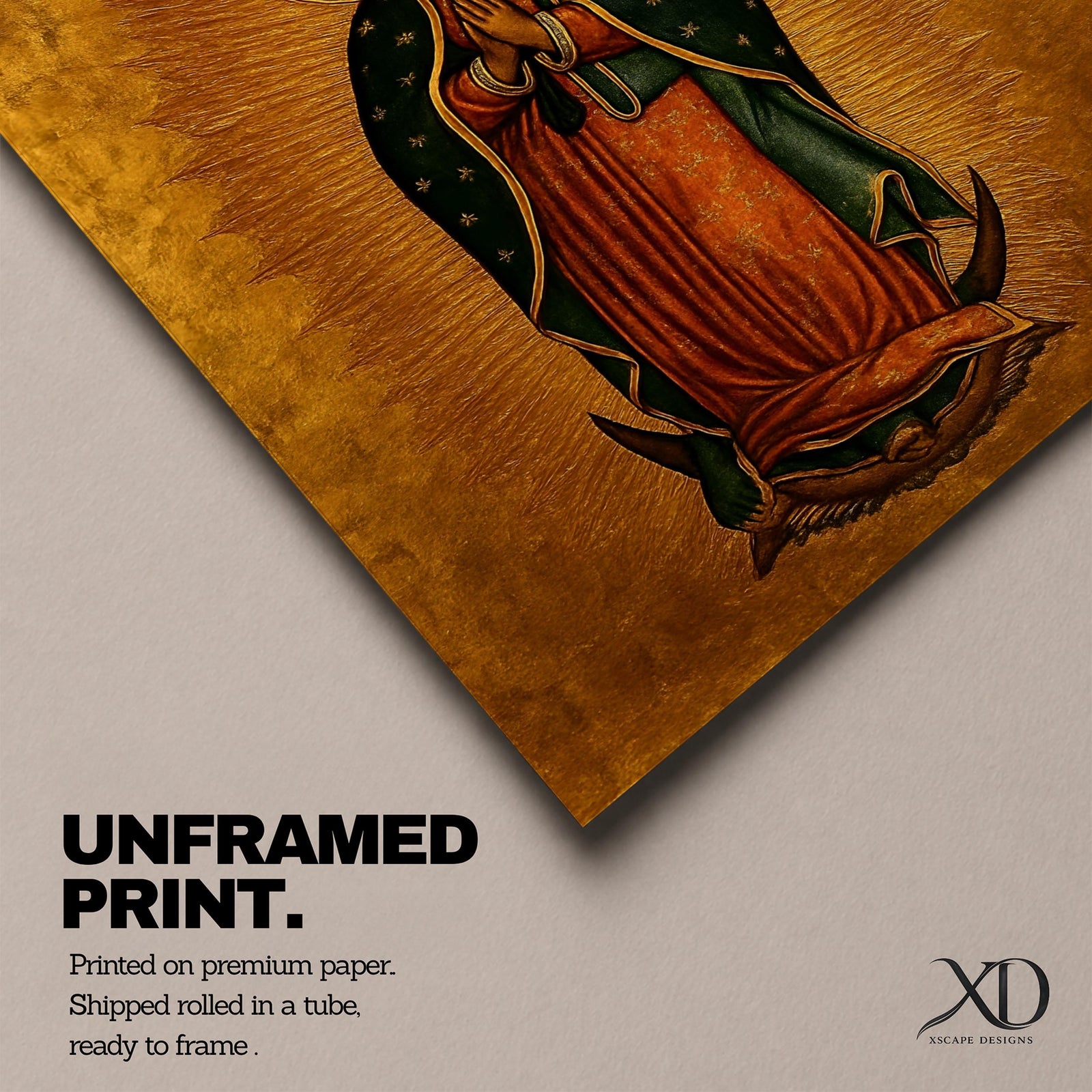 A traditional devotional depiction of Our Lady of Guadalupe standing with hands folded in prayer, wearing a rose colored gown and a teal mantle covered in gold stars, surrounded by radiant golden sun rays and standing above a crescent moon supported by an angel, rendered in classic Mexican Catholic icon style with rich colors and sacred symbolism.