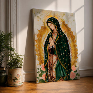 A devotional depiction of the Virgen de Guadalupe standing in prayer with hands clasped, wearing a rose pink gown and a teal mantle covered with gold stars, surrounded by radiant golden sun rays and standing above a crescent moon with a small angel beneath, rendered in a modern Mexican Catholic style with vibrant colors and sacred symbolism.