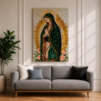 A devotional depiction of the Virgen de Guadalupe standing in prayer with hands clasped, wearing a rose pink gown and a teal mantle covered with gold stars, surrounded by radiant golden sun rays and standing above a crescent moon with a small angel beneath, rendered in a modern Mexican Catholic style with vibrant colors and sacred symbolism.