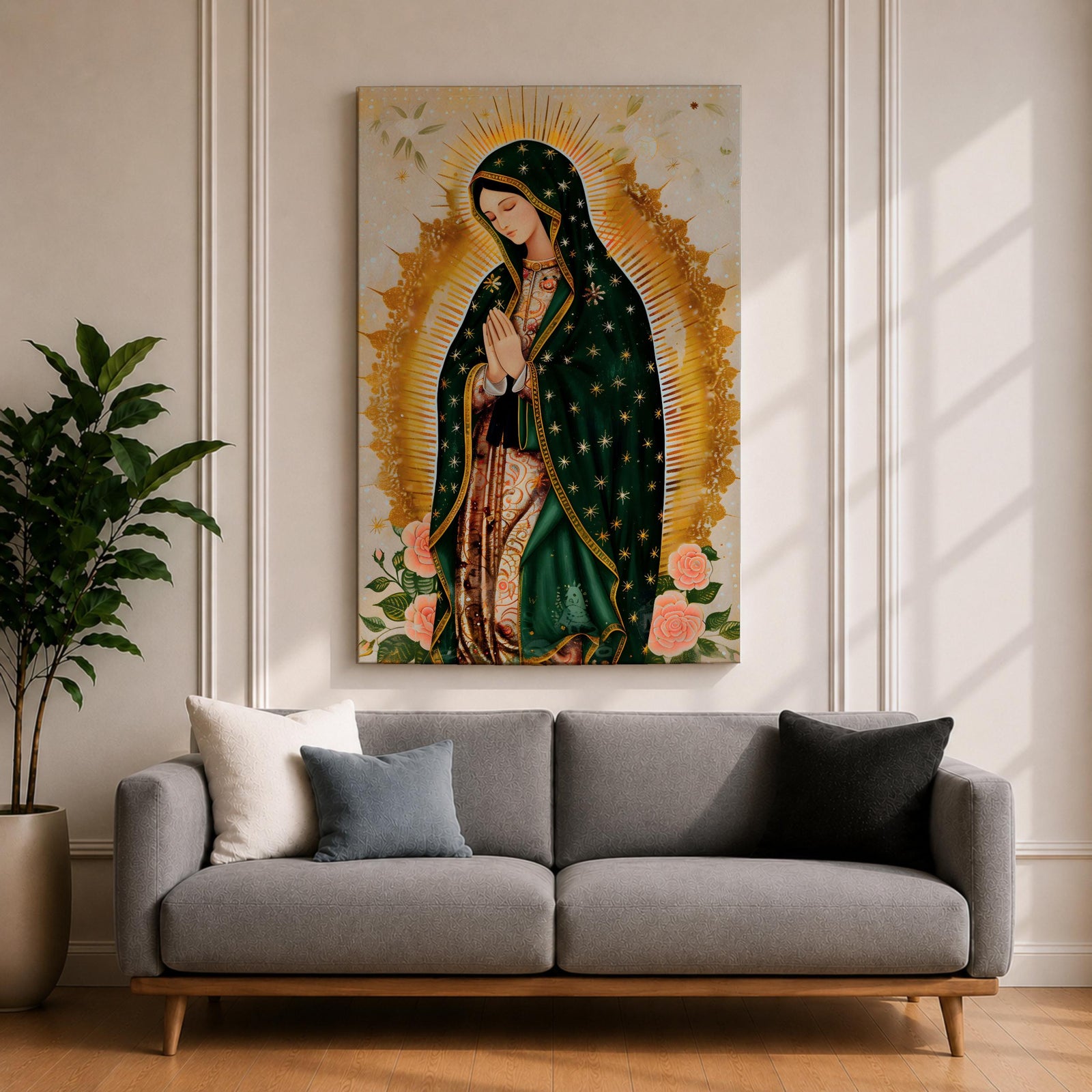 A devotional depiction of the Virgen de Guadalupe standing in prayer with hands clasped, wearing a rose pink gown and a teal mantle covered with gold stars, surrounded by radiant golden sun rays and standing above a crescent moon with a small angel beneath, rendered in a modern Mexican Catholic style with vibrant colors and sacred symbolism.