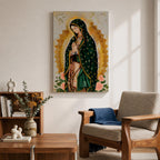 A devotional depiction of the Virgen de Guadalupe standing in prayer with hands clasped, wearing a rose pink gown and a teal mantle covered with gold stars, surrounded by radiant golden sun rays and standing above a crescent moon with a small angel beneath, rendered in a modern Mexican Catholic style with vibrant colors and sacred symbolism.