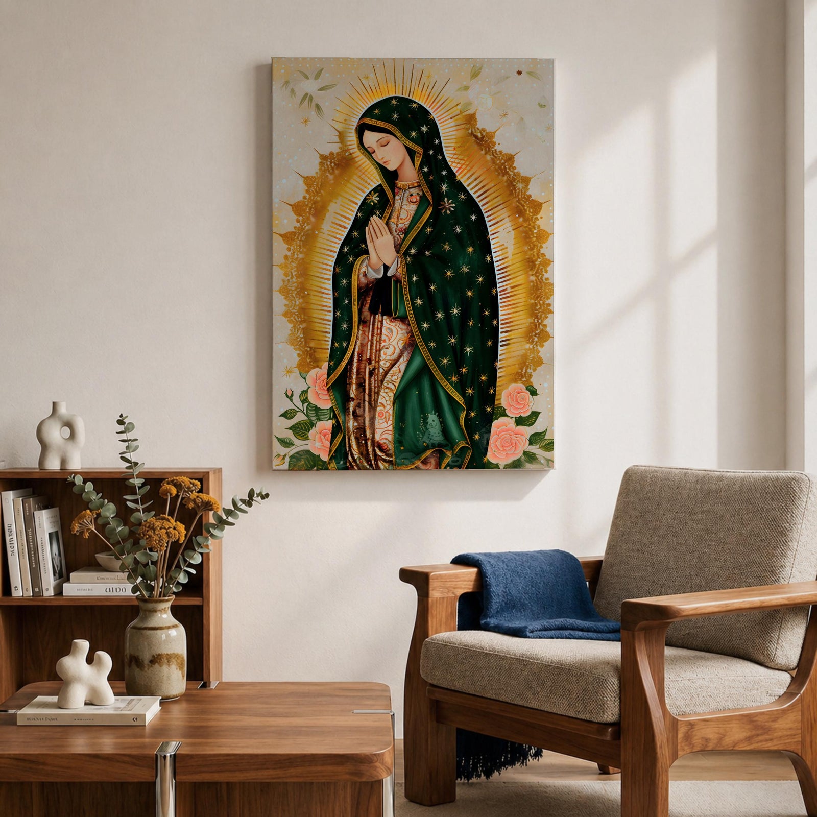 A devotional depiction of the Virgen de Guadalupe standing in prayer with hands clasped, wearing a rose pink gown and a teal mantle covered with gold stars, surrounded by radiant golden sun rays and standing above a crescent moon with a small angel beneath, rendered in a modern Mexican Catholic style with vibrant colors and sacred symbolism.