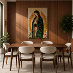 A devotional depiction of the Virgen de Guadalupe standing in prayer with hands clasped, wearing a rose pink gown and a teal mantle covered with gold stars, surrounded by radiant golden sun rays and standing above a crescent moon with a small angel beneath, rendered in a modern Mexican Catholic style with vibrant colors and sacred symbolism.