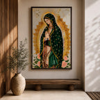 A devotional depiction of the Virgen de Guadalupe standing in prayer with hands clasped, wearing a rose pink gown and a teal mantle covered with gold stars, surrounded by radiant golden sun rays and standing above a crescent moon with a small angel beneath, rendered in a modern Mexican Catholic style with vibrant colors and sacred symbolism.