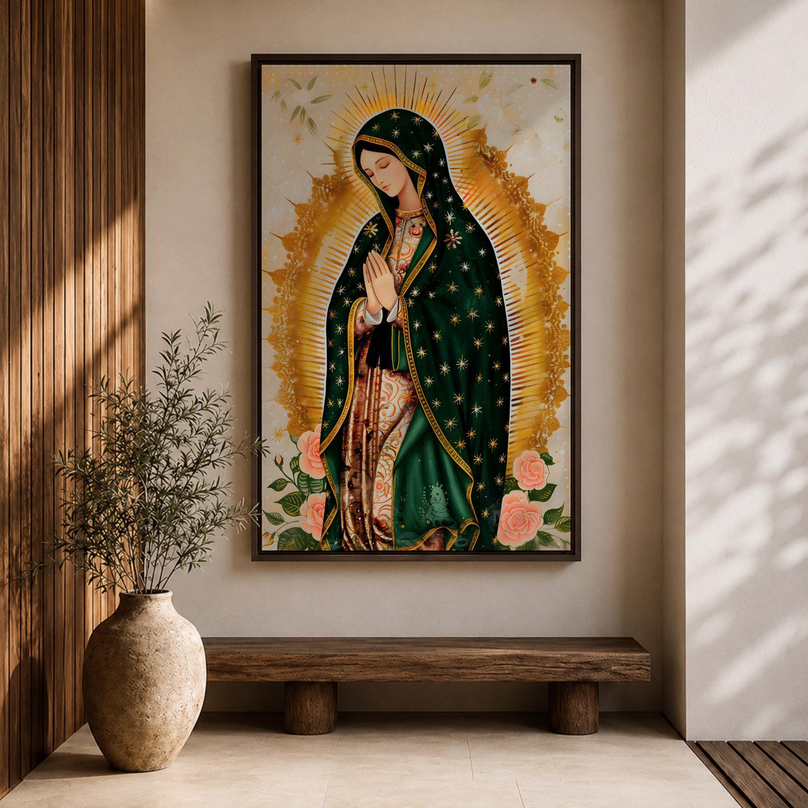 A devotional depiction of the Virgen de Guadalupe standing in prayer with hands clasped, wearing a rose pink gown and a teal mantle covered with gold stars, surrounded by radiant golden sun rays and standing above a crescent moon with a small angel beneath, rendered in a modern Mexican Catholic style with vibrant colors and sacred symbolism.