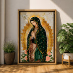 A devotional depiction of the Virgen de Guadalupe standing in prayer with hands clasped, wearing a rose pink gown and a teal mantle covered with gold stars, surrounded by radiant golden sun rays and standing above a crescent moon with a small angel beneath, rendered in a modern Mexican Catholic style with vibrant colors and sacred symbolism.