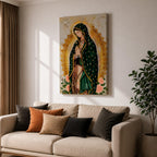 A devotional depiction of the Virgen de Guadalupe standing in prayer with hands clasped, wearing a rose pink gown and a teal mantle covered with gold stars, surrounded by radiant golden sun rays and standing above a crescent moon with a small angel beneath, rendered in a modern Mexican Catholic style with vibrant colors and sacred symbolism.